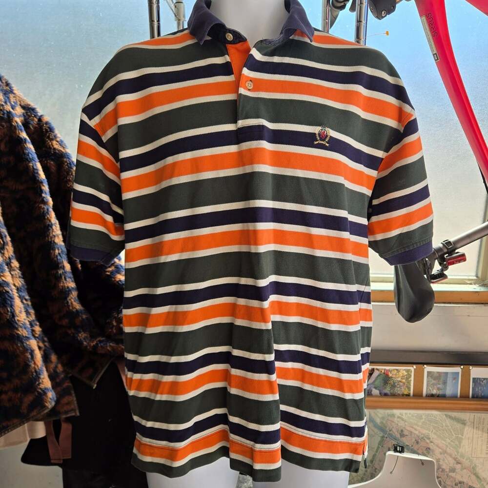 Tommy Hilfiger Striped Polo Shirt Size L Multicolor Crest Logo